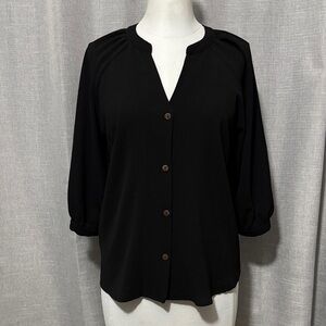 Monteau Blouse-Sz M-Black-Polyester-3/4 Sleeve-V Neck Button Up Front